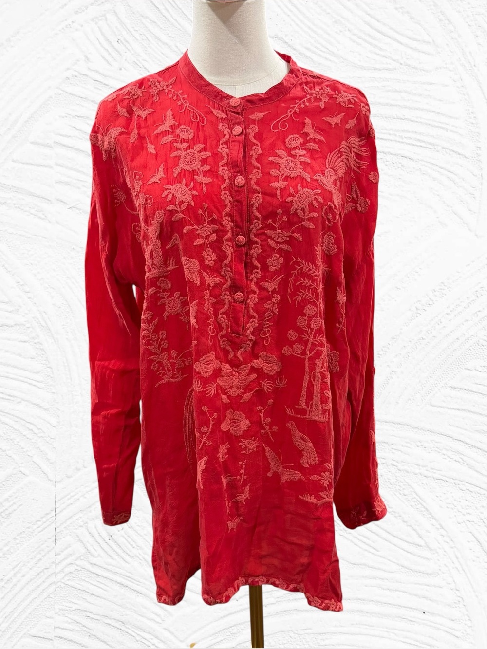 Johnny Was Med Noah Slim Audrey Red Embroidered Tunic Top Floral‎ Birds Asian